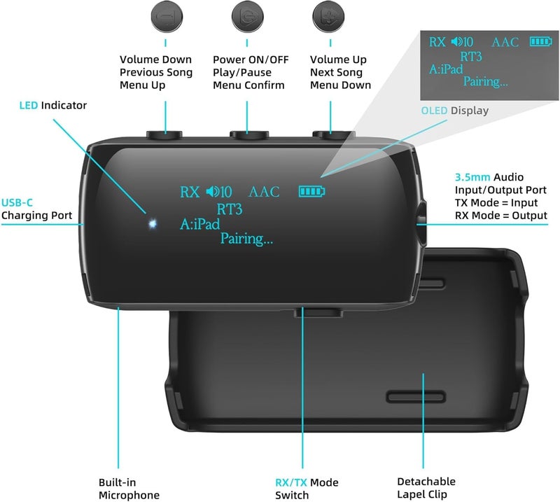 YOCOWOCO Bluetooth Transmitter Receiver for 2 AirPods/Headphones, Flight Bluetooth 5.2 Adapter for Airplane, TV, and Gym with a 3.5mm Audio Jack, Wireless BT Receiver with Mic for Car/Home Stereo - Image 3